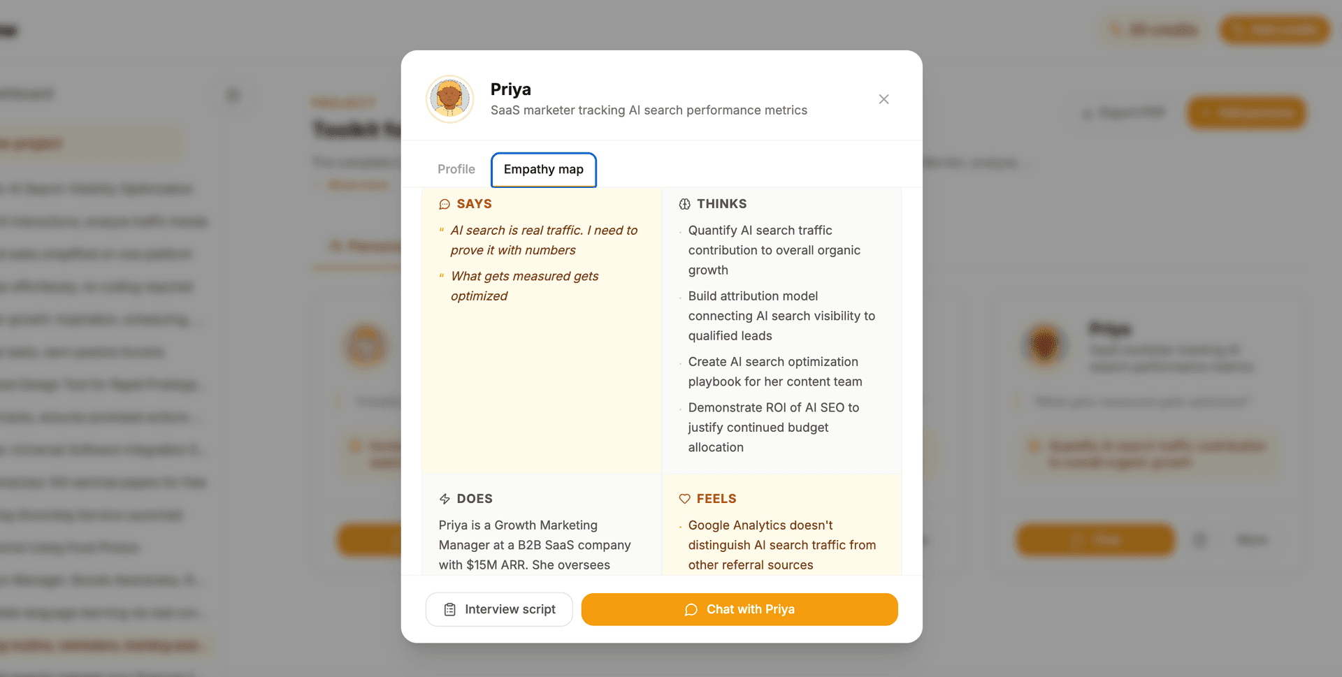 AI-Crew persona dashboard showing one generated user personas